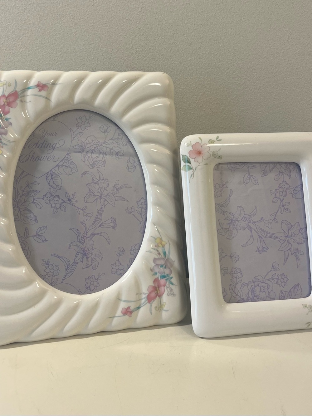 White Ceramic Floral Picture Frame with Pink Flower Accents